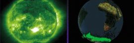 Третья по мощности из известных солнечных вспышек, когда-либо наблюдавшихся в рентгеновском диапазоне, была зафиксирована 28 октября 2003 г. (слева). Корональному выбросу массы, направленному почти прямо на Землю, предшествовал выброс ионизированного газа. Рекордная вспышка стала причиной необычных полярных сияний в малонаселенных районах Антарктики (справа), поэтому лишь немногим счастливчикам удалось наблюдать это захватывающее зрелище. Credit: NASA/ESA